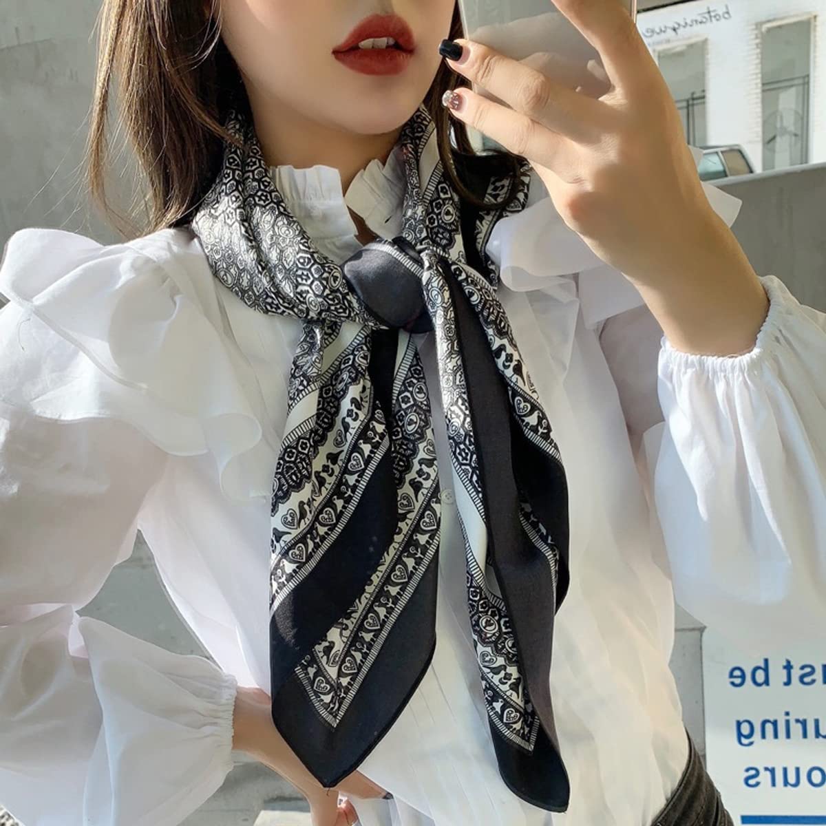 PALAY Scarf for Women Square Scarfs Satin Silk-Like Hair Scarves Wraps Headscarf (Black - B) PALAY Scarf for Women Square Scarfs Satin Silk-Like Hair Scarves Wraps Headscarf (Black - B)